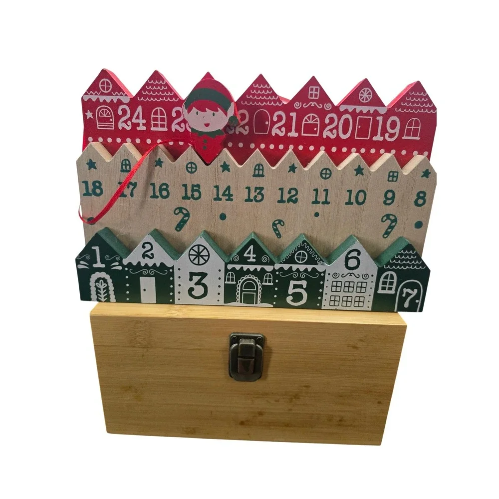Wooden Christmas Village Advent Calendar Elf Countdown Timer with Storage Box